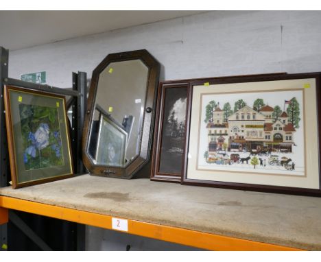 Oak framed mirror, 80 cm x 53 cm, American vintage street scene tapestry and two pictures
