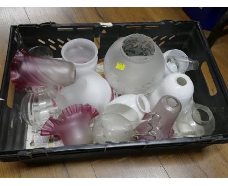 Box of glass light shades and oil lantern shades
