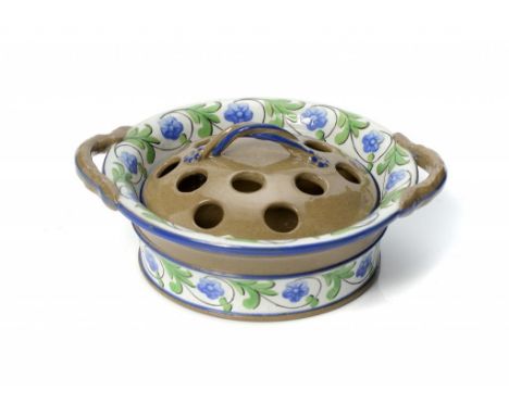 A SPODE FINE SLIPWARE MINIATURE POT POURRI BASKET AND  COVER, C1820  painted in blue and green with trailing flowers, 9cm ove