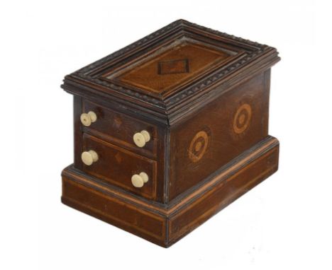 TREEN.  AN UNUSUAL VICTORIAN INLAID WOOD TRICK OPENING BOX, POSSIBLY COLONIAL, MID 19TH C  with four concealed compartments, 