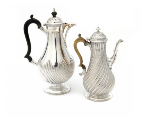 A VICTORIAN SILVER WRYTHEN FLUTED BALUSTER COFFEE POT AND A SILVER BALUSTER LIDDED JUG  20 and 25cm h, by Charles Stuart Harr