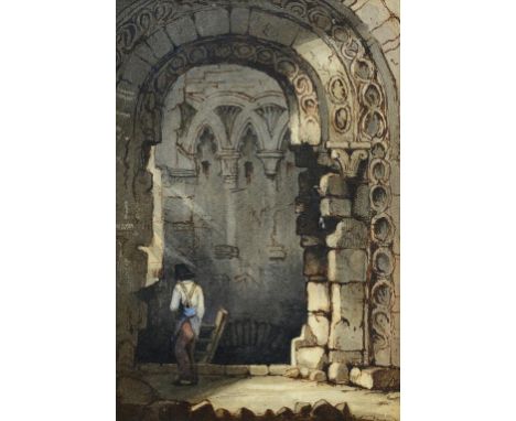 SAMUEL PROUT, FSA, OWS (1783-1852) A WORKMAN STANDING BENEATH A NORMAN ARCHWAY pen, ink and watercolour, 18.5 x 12.5cm Proven