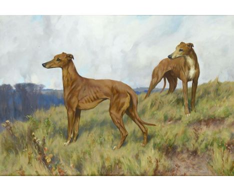 †ARTHUR WARDLE, RI, RBA (1864-1949) PORTRAIT OF THE WATERLOO CUP WINNING GREYHOUNDS "DENDRASPIS" AND "DILWYN" signed, oil on 