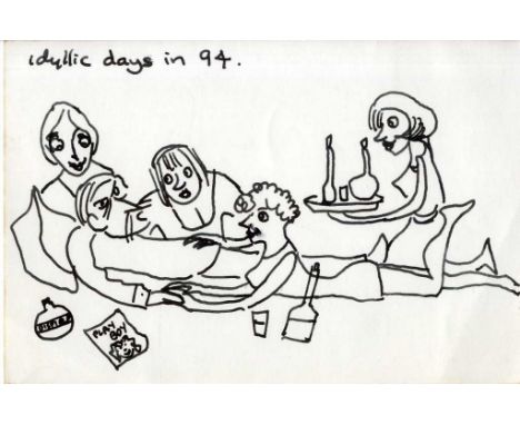 SIR JOHN KYFFIN WILLIAMS, KBE,  RA (1918-2006) IDYLLIC DAYS IN '94 pen and ink, 10 x 15cm, unframed ++Good condition