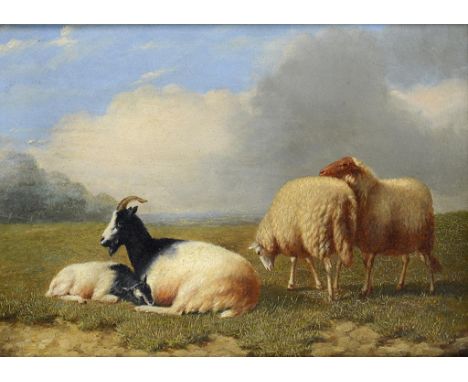 CORNELIS VAN LEEMPUTTEN (1841-1902) SHEEP AND GOATS; POULTRY a pair, one signed and dated 1865, oil on mahogany panels, 16 x 