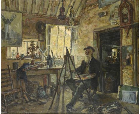 †HURST BALMFORD (1871-1950) THE ARTIST IN HIS STUDIO  oil on board, 62 x 75cm ++The varnish requiring a light clean, the boar