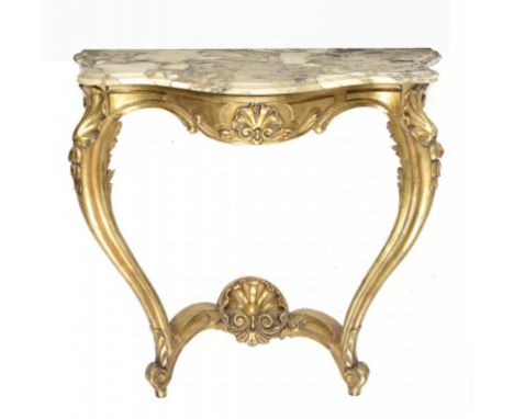 A FRENCH GILTWOOD CONSOLE TABLE, EARLY 20TH C carved with shells, breche violette  marble top, 90cm h; 44 x 94cm ++In fine co