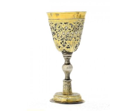 A RUSSIAN PARCEL GILT SILVER GOBLET  the bowl applied with a  pierced and engraved sleeve, 13cm h,  cyrillic maker's and assa