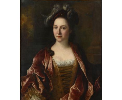 FOLLOWER OF JOSEPH HIGHMORE PORTRAIT OF A LADY bust length in a red dress and plumed hat, architectural background, oil on ca