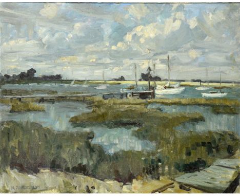 †HAROLD WALTON FRECKLETON (1890-1979) BOSHAM SUSSEX LOOKING TOWARDS HAYLING ISLAND signed, oil on canvas board, 40 x 50cm ++T