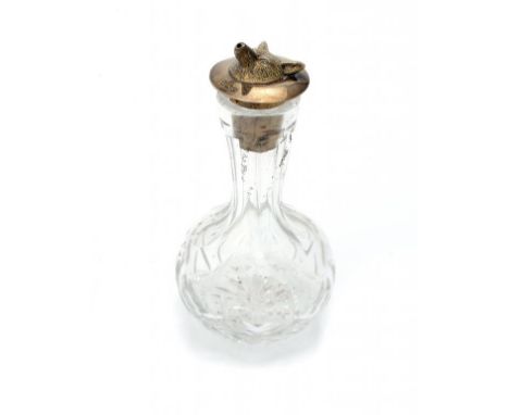 FOX HUNTING.  A CUT GLASS BITTERS BOTTLE, THE CORK STOPPER WITH  SILVER FOX MASK SPOUT,  11.5cm h, by J B Chatterley & Sons, 