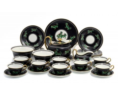 A WEDGWOOD BLACK GROUND GREEN DRAGON TEA SERVICE FOR EIGHT, C1925  teapot, cover and stand 12.5cm h, printed mark, pattern 89