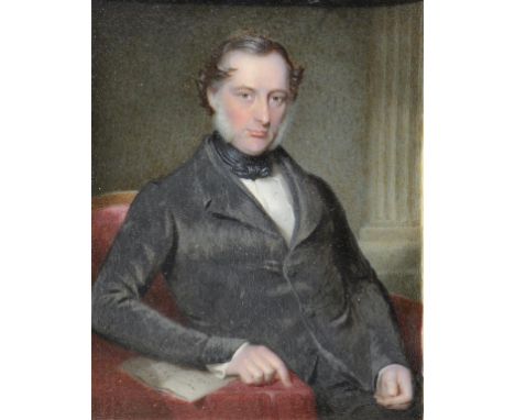 ENGLISH SCHOOL, C1850 DR RICHARD ALLEN seated half length in a red covered armchair, ivory, 12 x 9cm, maroon morocco case [fo