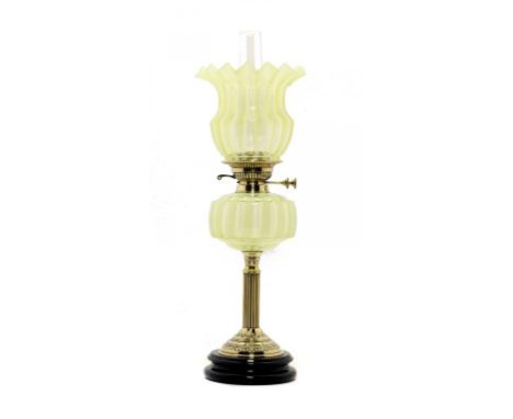 A VICTORIAN BRASS COLUMNAR OIL LAMP, C1890  with semi opalescent glass fount, brass Duplex burner and matching shade, 57cm h 