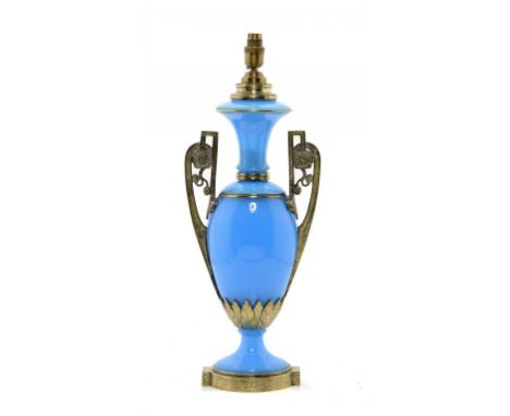 A FRENCH BRASS MOUNTED BLUE OPALINE GLASS OIL LAMP, C1870  converted to electricity, 50cm h excluding later fitment ++In good