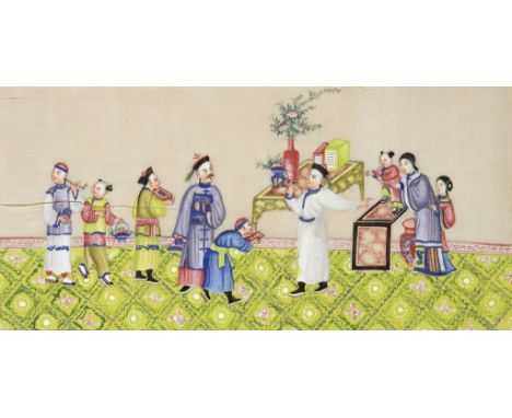 FIVE CHINESE RICE PAPER PAINTINGS, MID 19TH C of lantern bearers, musicians and other scenes, three 20 x 31 and circa, two 17