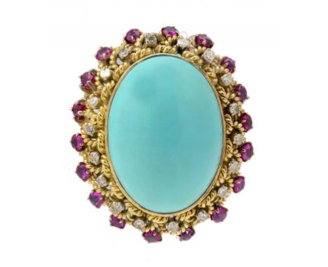 A RUBY AND DIAMOND CLUSTER RING centred by a turquoise en cabochon, c1980, in gold, marked 14k, size N, gross weight 16.3g ++