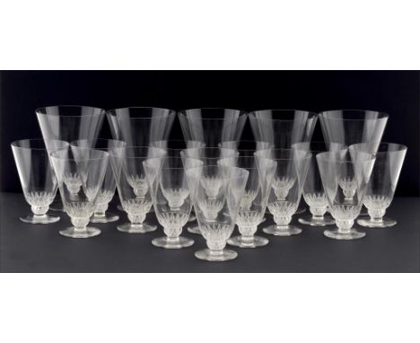 'CHAMPIGNY'.  A SET OF NINETEEN LALIQUE GLASSES, DESIGNED 1932  in two sizes, 9.5 and 12.5cm h, stencilled mark R LALIQUE ++A