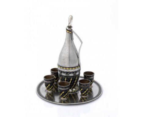 A SOVIET FROSTED SILVER AND BLACK AND YELLOW CLOISONNÉ ENAMEL VODKA SET,   18.5cm high, 916 standard, cyrillic maker's mark, 