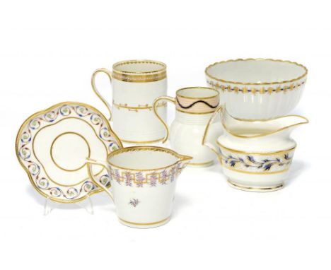 A DERBY TEAPOT STAND, GILT MUG, ANOTHER MUG, SLOP BASIN AND TWO CREAM JUGS, C1790-95, THE OVAL CREAM JUG, C1805 gilt mug 11cm