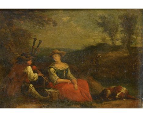 DUTCH SCHOOL, 19TH CENTURY A WOMAN RETURNING FROM MARKET RESTING ON A LANE BESIDE A BAGPIPER AND SPANIEL  oil on oak panel, 1