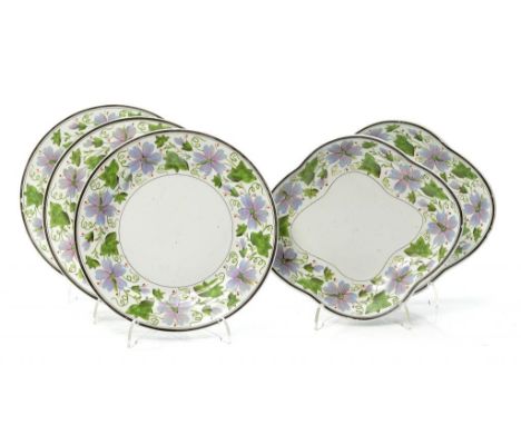 A PAIR OF WEDGWOOD QUEENSWARE DESSERT DISHES AND THREE PLATES EN SUITE, EARLY 19TH C painted with floral borders, dishes 21.5