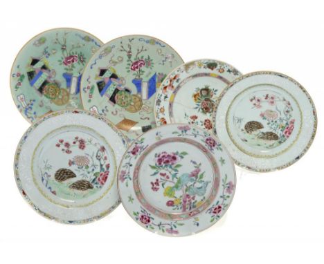 A PAIR OF CHINESE BIANCO SOPRA BIANCO FAMILLE ROSE 'QUAIL' PLATES C1750, 23cm diam, two contemporary plates and two 19th c Ch