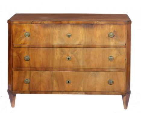 A SWISS NEO CLASSICAL WALNUT COMMODE, C1800  86cm h; 56 x 118cm ++The brass oval ring handles and urn decorated escutcheons o