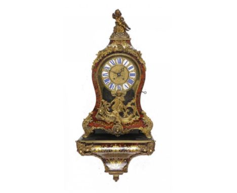 A FRENCH ORMOLU MOUNTED   TORTOISESHELL AND CUT BRASS 'BOULLE' BRACKET CLOCK AND BRACKET, 19TH C  the cast gilt brass dial wi