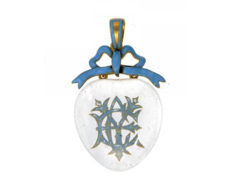 A VICTORIAN GOLD AND TURQUOISE ENAMEL AND HEART SHAPED ROCK CRYSTAL INTAGLIO PENDANT, C1890  in London & Ryder fitted morocco