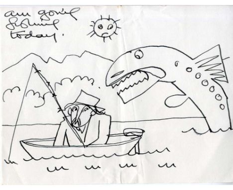 †SIR JOHN KYFFIN WILLIAMS, KBE, RA (1918-2006) THE ARTIST IN A BOAT inscribed Am Going Fishing Today, pen and ink, 13.5 x 18c