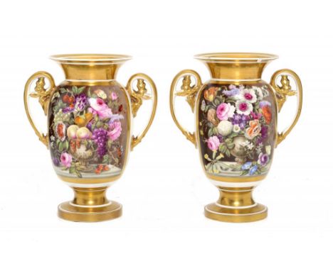 A PAIR OF SPODE NEW SHAPE FRENCH JARS, C1815-20 painted with flower filled urns, one also with fruit and a butterfly, the rev