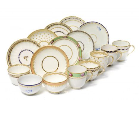 FIVE DERBY COFFEE CUPS AND SAUCERS AND THREE TEA BOWLS AND SAUCERS INCLUDING ONE WITH DRY BLUE AND GILT DECORATION, C1790-180