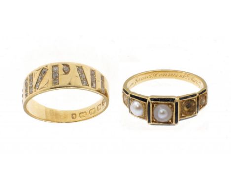 A VICTORIAN DIAMOND MIZPAH RING AND A GOLD AND ENAMEL MOURNING RING  the first Birmingham 1884, the second inscribed In Memor