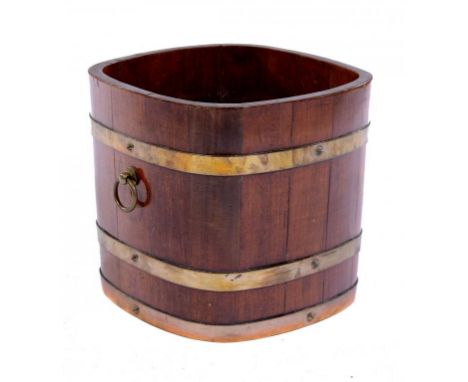 A BRASS BOUND TEAK JARDINIERE, POSSIBLY BY R A LISTER & CO LTD, EARLY 20TH C 32cm h, stamped 17595 ++Complete and in good con