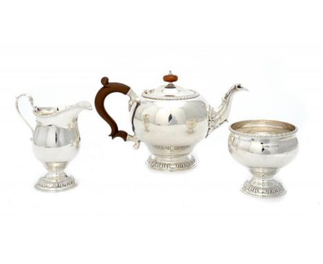 A GEORGE VI SILVER TEA SERVICE  in mid 18th century English style, jug 13cm h, by Thomas Ducrow & Sons, Birmingham 1945, 37oz
