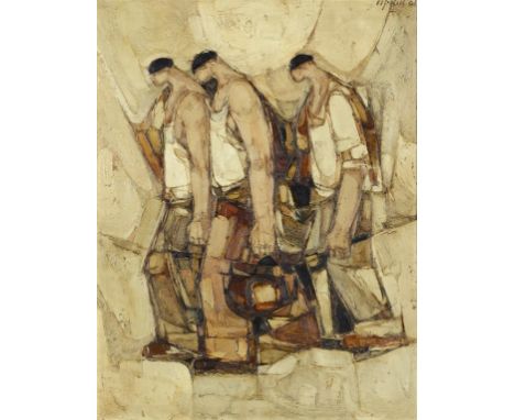 AILEEN LIPKIN (1933-1994) THREE  FIGURES   signed and dated '61 upper right, oil on hardboard, 54 x 41.5cm ++In good original