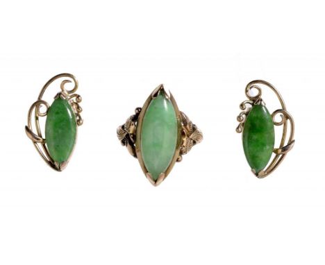 A JADEITE RING, MID 20TH C  in gold marked 14K, size K and a pair of similar jadeite and gold earrings, 6.9g gross (3) ++The 