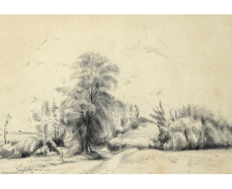 †HENRI VERGE SARRAT (1880-1966) A FIGURE BY A ROAD  signed, dated '29 and inscribed No 513, pen, ink and wash, en grisaille, 