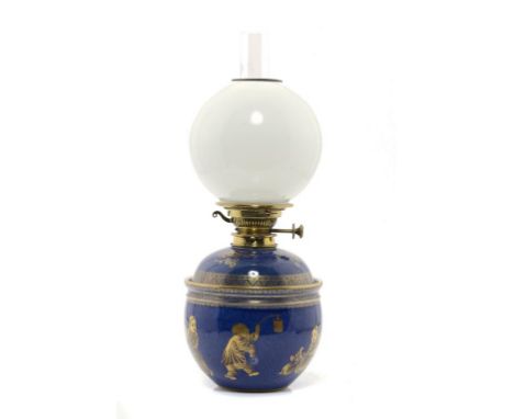 A BOOTHS POWDER BLUE GROUND EARTHENWARE OVOID OIL LAMP AND BASE,   c1900 gilt with chinoiseries, James Gray & Son brass burne