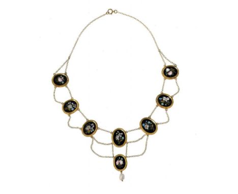 A PIETRE DURE NECKLACE, MID 19TH C of eight oval floral panels with baroque pearl en tremblant, overall length 41cm, in later