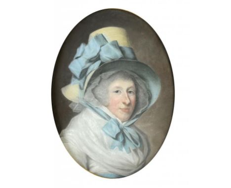 SAMUEL COTES (1734-1818) PORTRAIT OF A LADY  in a white dress and yellow bonnet with blue bows, signed S Cotes px and dated 1