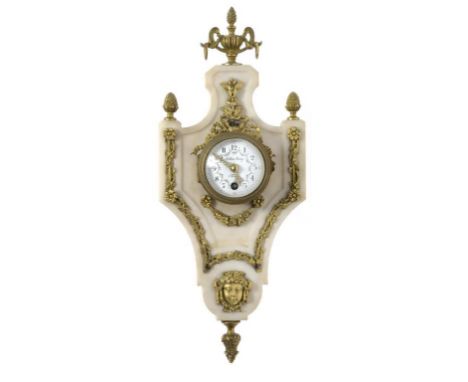 A FRENCH ORMOLU MOUNTED MARBLE WALL TIMEPIECE IN LOUIS XVI STYLE, C1900 the enamel dial painted with swags and inscribed J Au