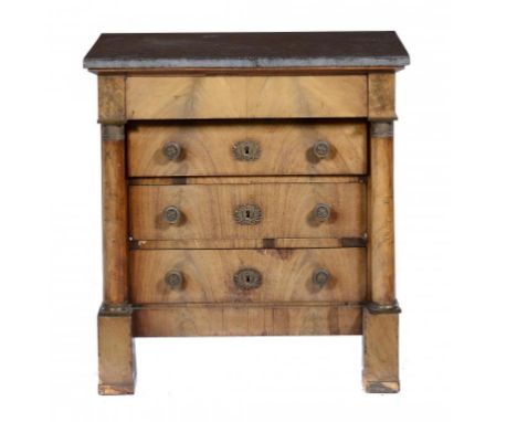 A FRENCH EMPIRE MAHOGANY COMMODE, C1810 with black marble slab and milled gilt brass mounts, 86cm h; 52 x 81cm ++Very faded a