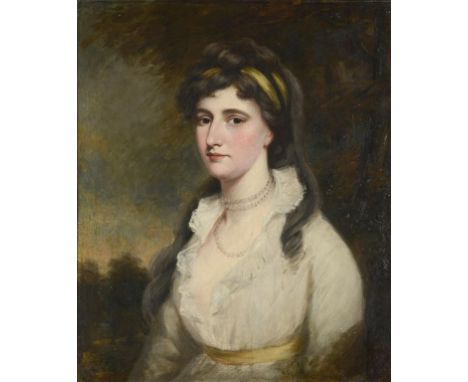 FOLLOWER OF JOHN HOPPNER PORTRAIT OF A YOUNG WOMAN bust length in a white dress and pearl necklace, landscape beyond, oil on 