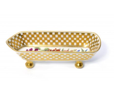 AN ENGLISH PORCELAIN PEN TRAY, POSSIBLY COALPORT, C1810  painted with flowers in gilt chequer border, 22cm l ++In fine condit