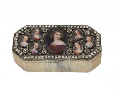 A SILVER GILT AND PASTE JEWELLED CUT CORNERED SNUFF BOX, LATE 19TH C  inset with seven miniatures of young ladies, 8.5cm w, a