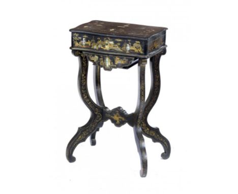 A VICTORIAN SERPENTINE PAPIER MÂCHÉ WORKTABLE, C1850 inlaid in mother of pearl and gilt with chinoiseries, 67cm h; 28 x 41cm 
