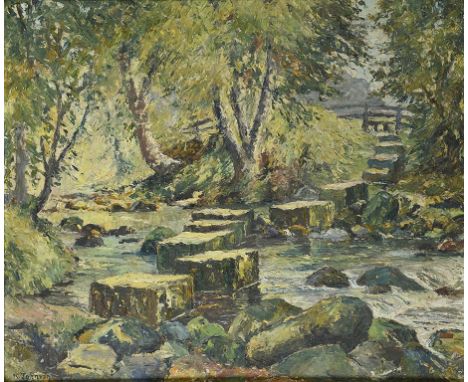 †K JOHNSON, 20TH CENTURY  THE STEPPING STONES BECK HOLE  signed, oil on hardboard, 56 x 66.5cm ++In good condition, requiring