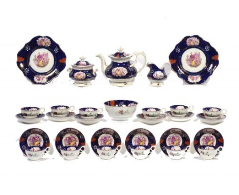 A STAFFORDSHIRE PORCELAIN VICTORIA AND ALBERT  CLASS TEA SERVICE, c1840 with puce transfer Victoria and Albert and other prin